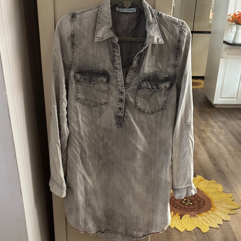 Maurices Washed Gray Long Sleeve Button-Down Shirt Dress